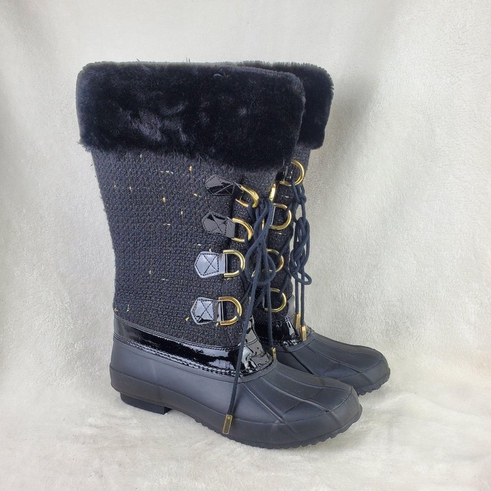 INC Lorinah Black Metallic Tweed Faux Fur Lined Lace Up Mid Calf Duck Boots 10M
